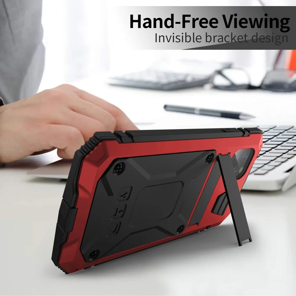 For iPhone 11 Pro Max XS XR XS Max X Metal Aluminum Armor Shockproof Heavy Duty Waterproof Case protective Cover+Tempered glass (18)