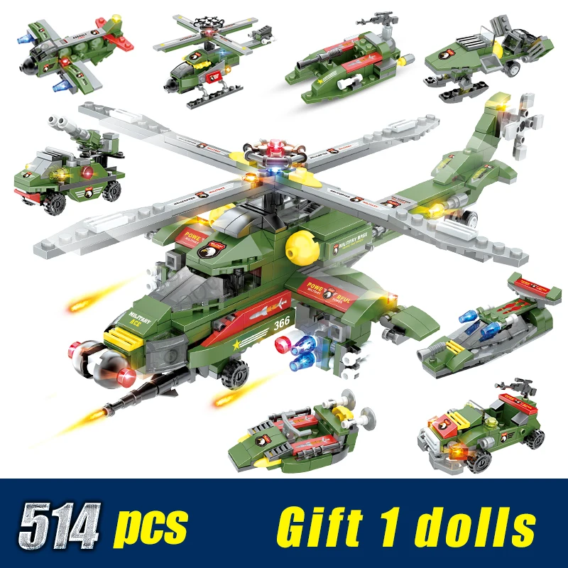 

514PCS Military Fighter Building Blocks Technic Car Tank Aircraft Blocks Model Children Toys Bricks City Police Compatible Duplo