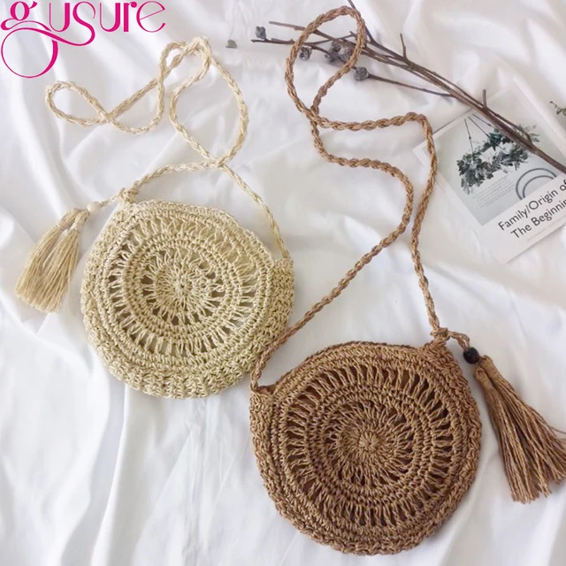 Hollow Woven Crossbody Straw Bag - Round Tassel Summer Messenger Bag