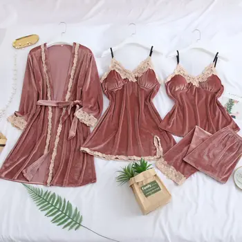 

Feier 2020 Warm Winter Pajamas Sets Women Sexy Lace Robe Pajamas Gold Velvet 4 Pieces Sleepwear Kit Sleeveless Nightwear