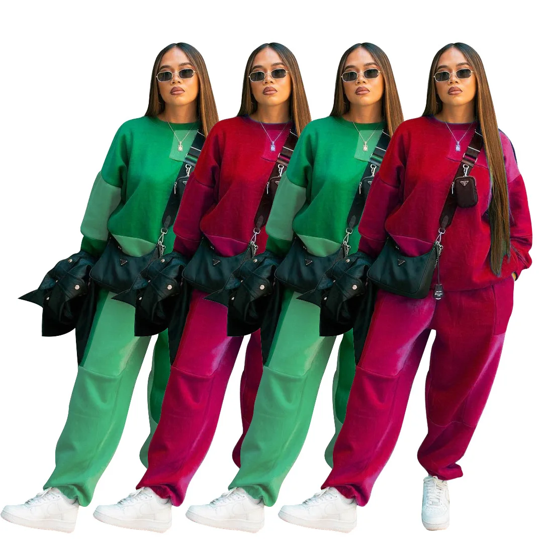 

Повседневный Спортивный костюм с цветными вставками в стиле пэчворк, осенне-зимняя одежда для женщин, спортивный свитшот + брюки, комплект из двух предметов, строгий костюм