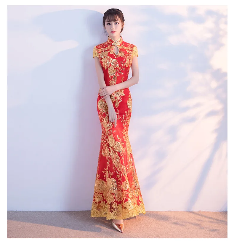 

Fishtail Improved Cheongsam Women's Autumn And Winter 2019 New Style Long Dignified Glorious Lace Retro Sexy Slimming Dress