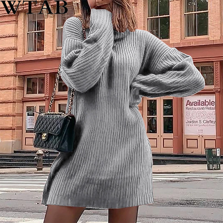 WTAB 2XL Autumn Winter Rib Knit Warm Sweater Dress Women Turtleneck Long Sleeve Party Dress Sexy Pullover Mini Dress Vestido