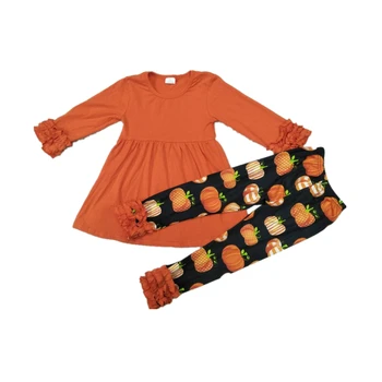 

2019 Fall thanksgiving style pumpkin print ruffled tunic legging set