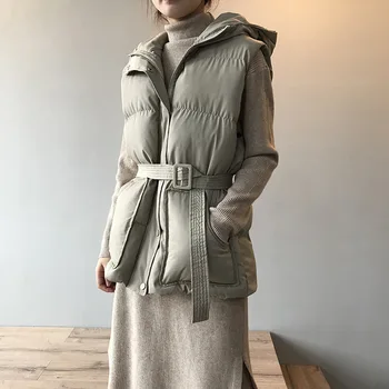 

Autumn Winter Hooded Cotton Vest Women Casual Waistcoat Female Zipped Adjustable Waist Sleeveless Vest Jacket Loose Warm Coat