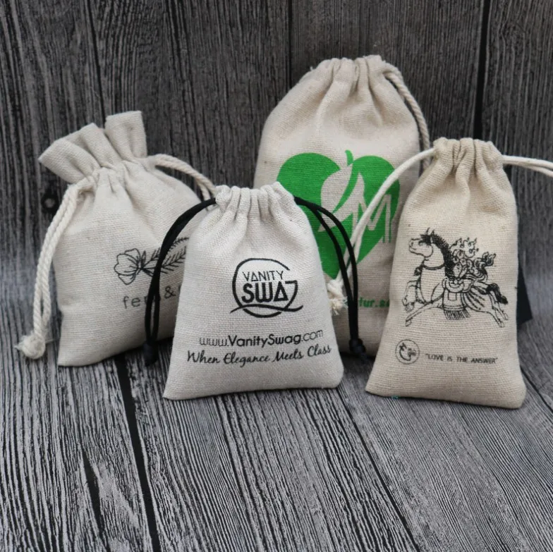 50PCS Natural Linen Gift Bag Drawstring Pouch Packing Jewelry Birthday Wedding Party Candy Jute Reusable Sack Print Logo Custom