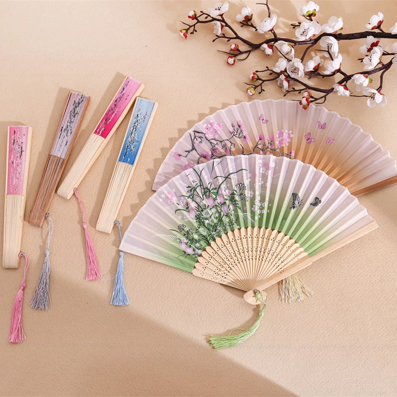 Vintage Chinese Style Spun Silk Folding Fan Japanese Plain Pattern Art Craft Gift Home Decoration Ornaments Dance Hand Fan