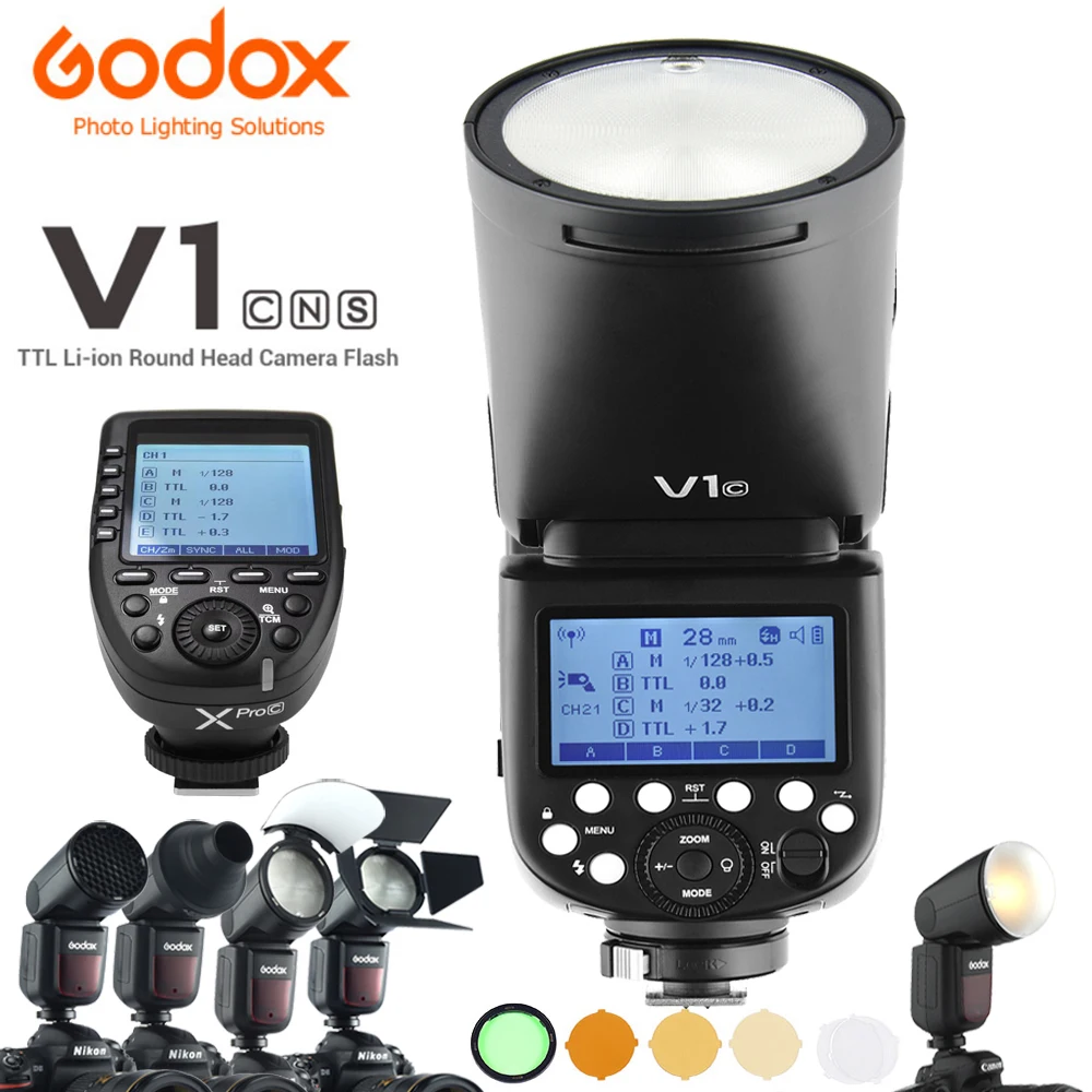 Godox V1 V1C V1N V1S Ttl Li-Ion Round Head Camera Flash Xpro Ak-R1 Kit Di Accessori 2.4G Hss 1/8000S Speedlite Per Canon Nikon Sony