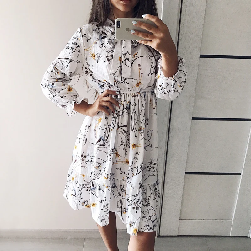 

Chiffon High Elastic Waist Party Dress Bow A-line Women Full Sleeve Flower Print Floral Bohemian Dress Female Vestido Plus Size