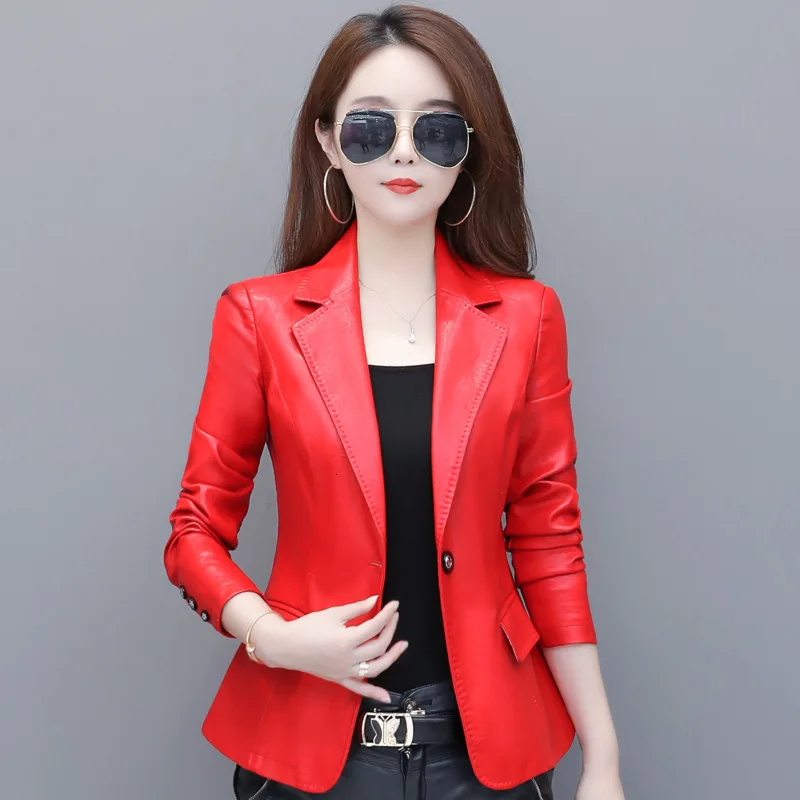 5xl Women Red Faux Leather Blazers Large Plus Size Female Slim ...