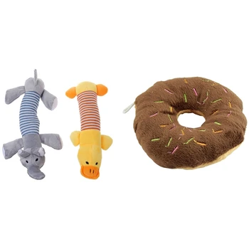 

3 Pcs Pet Dog Puppy Cat Animal Chew Squeaky Toys Plush Squeak Sound Toy, 1 Pcs Cotton Wool Donut & 2 Pcs Elephant+Duck