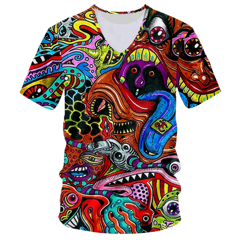 

UJWI Summer Cartoon Fun Pattern T-shirt Colorful Eyes Fashion Casual Shirt Loose Printing V-shirt Men's Oversized Wholesale 5XL