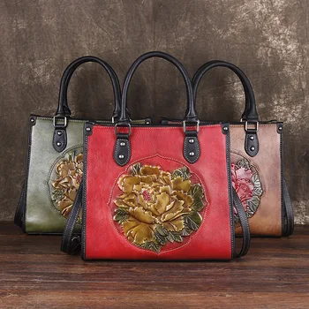 

New ins retro national style first layer cowhide handbag three-dimensional pressed peony flower hand-polished one-shoulder messe