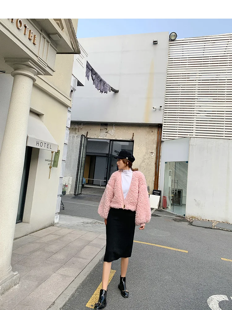 TXJRH Korea Sweet Hairy Shaggy Faux Lamb Fur Jacket Coat Fashion Women Keep Warm Long Lantern Sleeve Outerwear Top 2 Colors