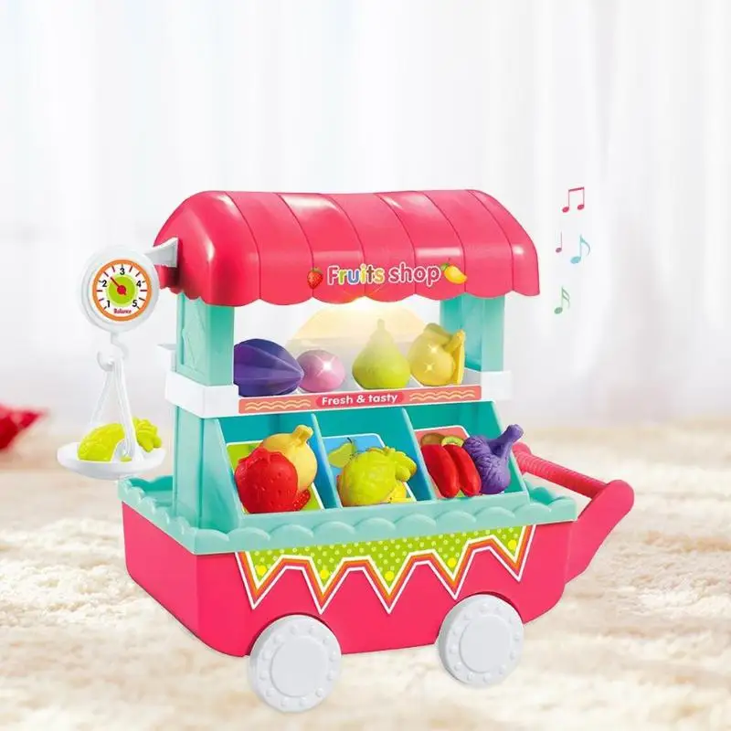 19pcs/set Kids Plastic Fruit Candy Vegetables Food Cart Toys for Children Pretend Play Cart Toys Set Kid Christmas Birthday Gift