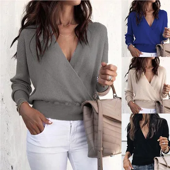 

2018 autumn and winter women's sexy fashion deep V long-sleeved solid color sweater