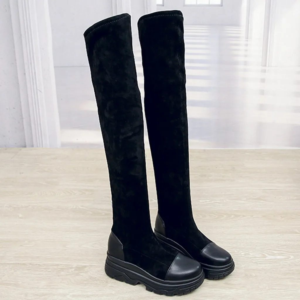 Г. Замшевые теплые ботфорты выше колена на плоской подошве эластичная женская обувь осенне-зимние повседневные высокие сапоги Размеры 35-40, удобные спортивные