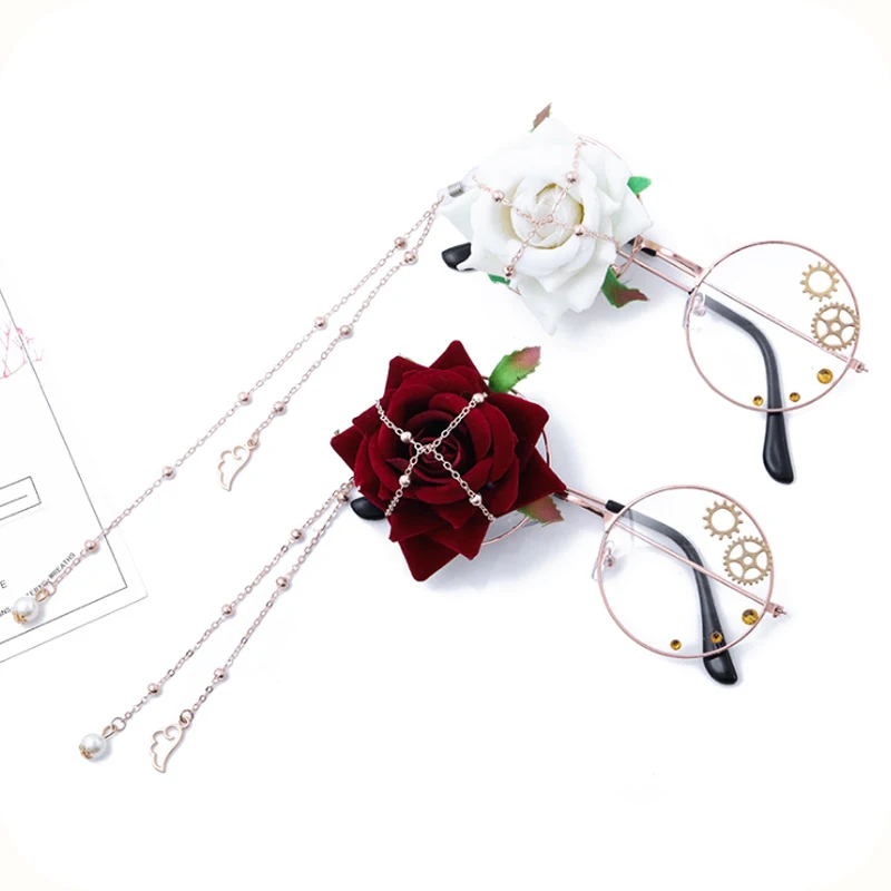 

Vintage Korean Handmade Lolita Rose Half Frame Glasses With Pearl Chain Gear Decorative Gothic Style Steampunk Cosplay Glasses