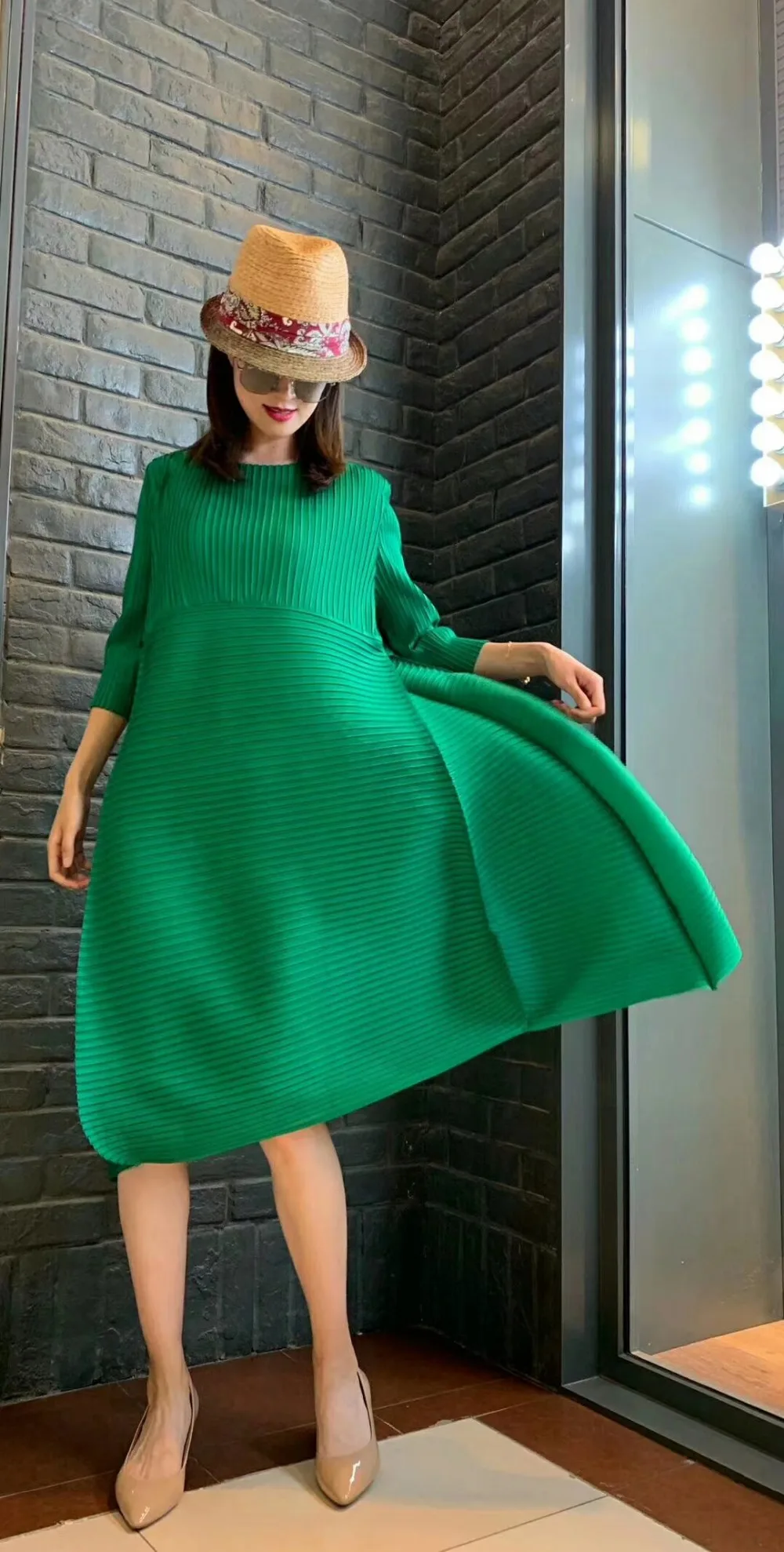 Горячая Miyake fold в женское леопардовое платье с круглым вырезом три четверти рукав бутон платье