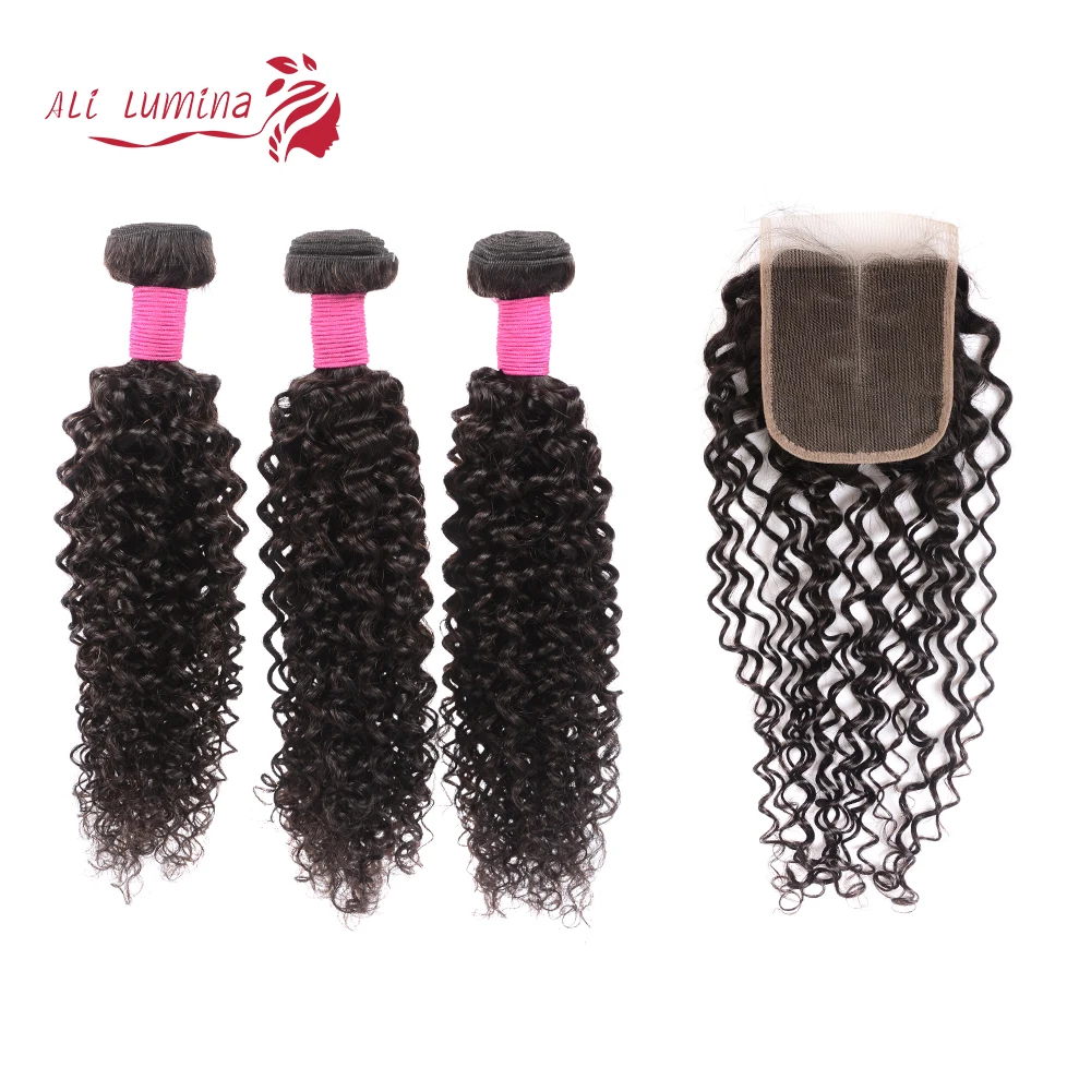 

Ali Lumina Remy Hair Bundles With Lace Closure Jerry Curly Brazilian Human Hair Weave Bundles With 4X4 Closure Natural Color