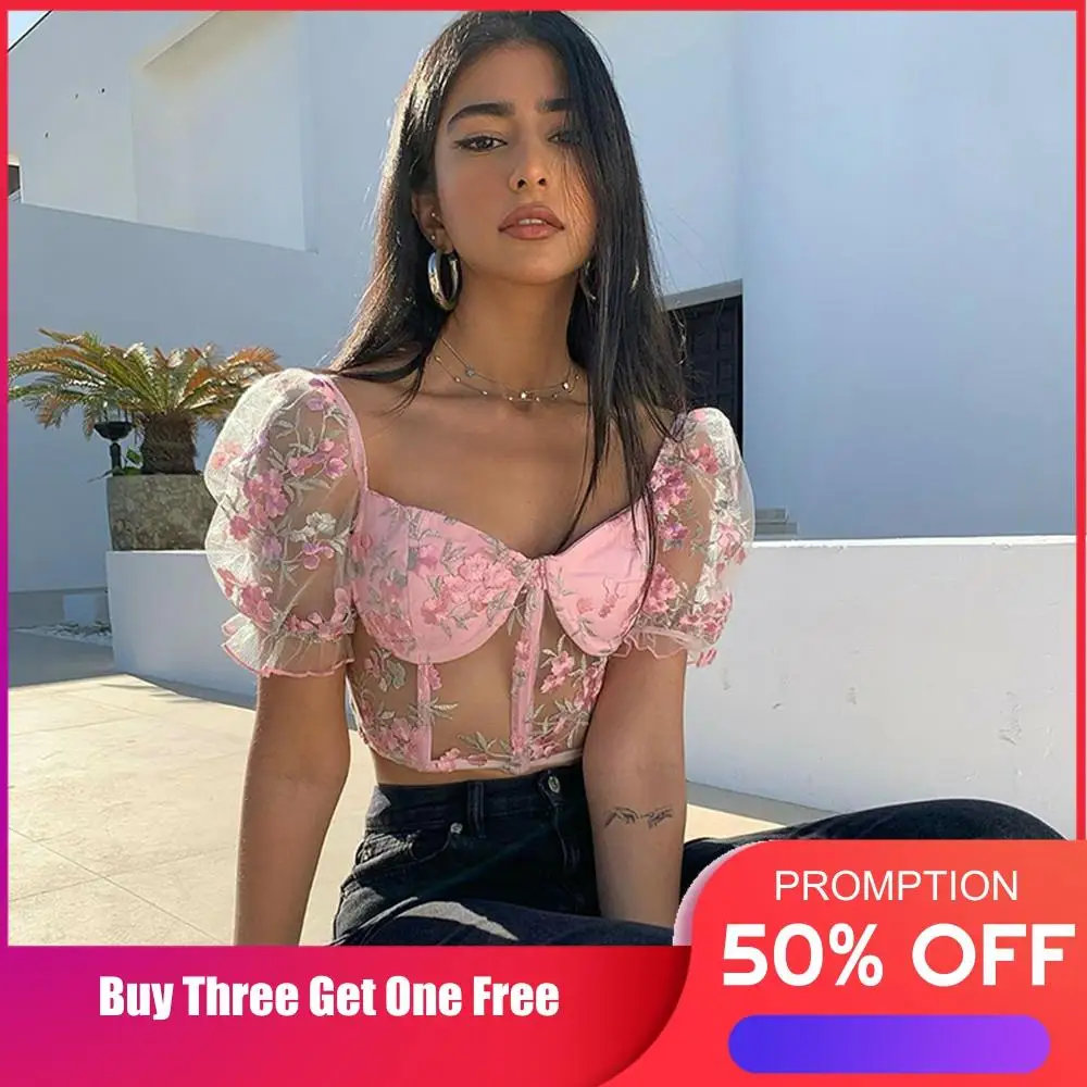 

Three Ratels Embroidery Floral Blouse See Through Short Puff Sleeve Mesh pink Crop Top 2020 Women Casual Streetwear Crop Shirt