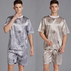 2pcs Men Pajama Set Print Satin Men Pajamas Suit Short Sleeve Shorts Silk Pyjama Man Sleepwear Spring Pajama Male Nightgown