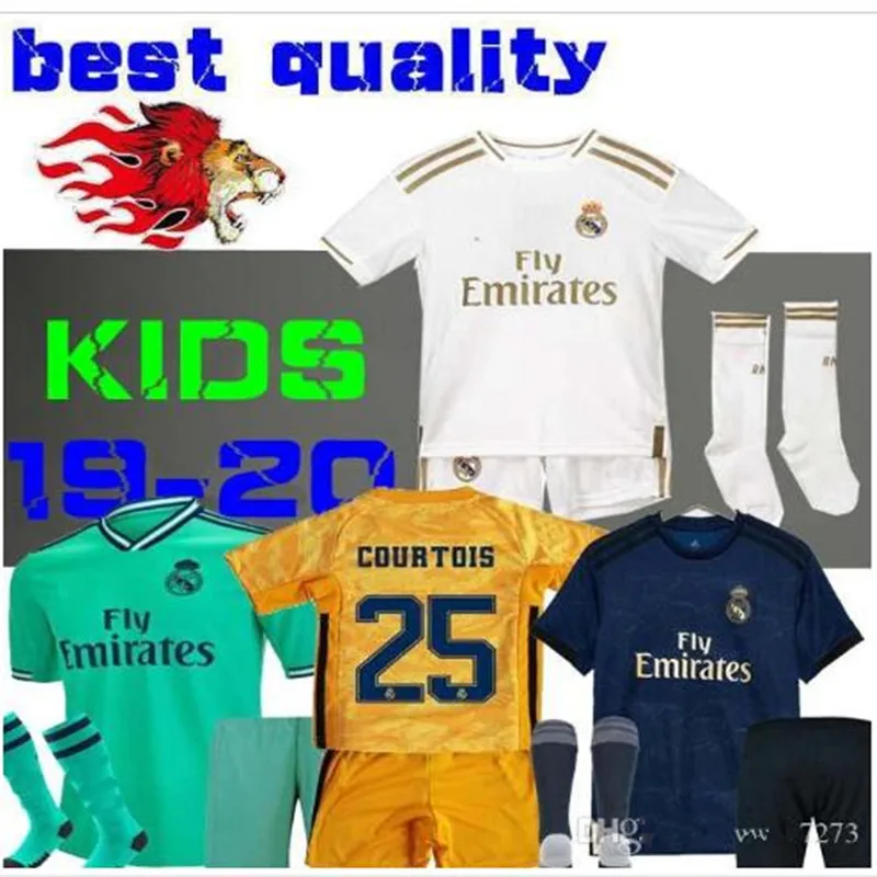 Real Madrides/детская трикотажная одежда,, Real Madrides, Детский комплект+ носки, Футбольная Футболка, домашняя одежда, 3RD Hazard 19 20, Детская футбольная рубашка