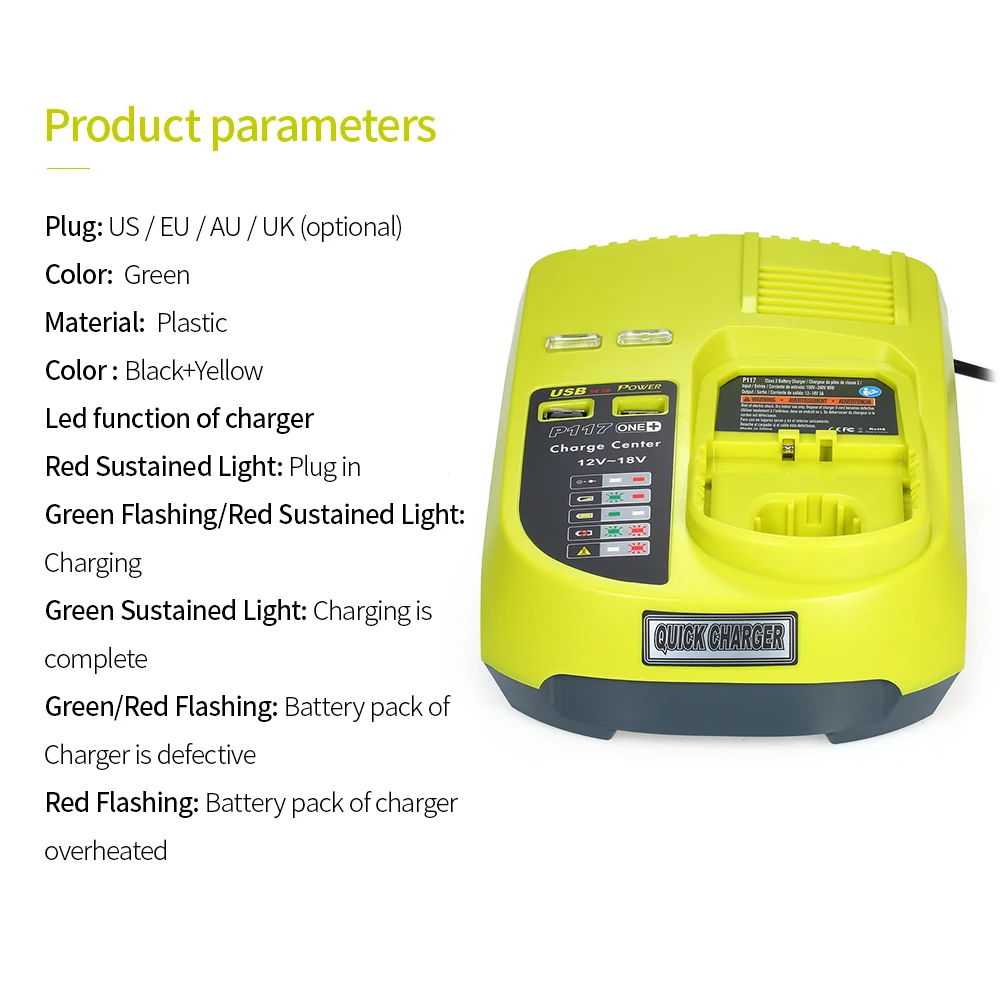 

Dual Chemistry IntelliPort Charger for All Ryobi 12V-18V ONE+ Lithium Battery & NiCad Universal Battery Charger Dual USB Ports