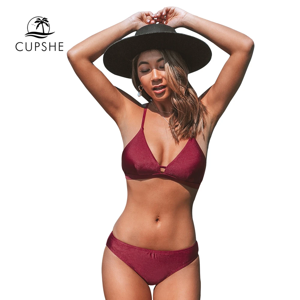 CUPSHE, Одноцветный, красный, с кружевной отделкой сзади, бикини, наборы, сексуальный, с подкладкой, низкая талия, купальник, две части, купальник для женщин,, пляжный купальник
