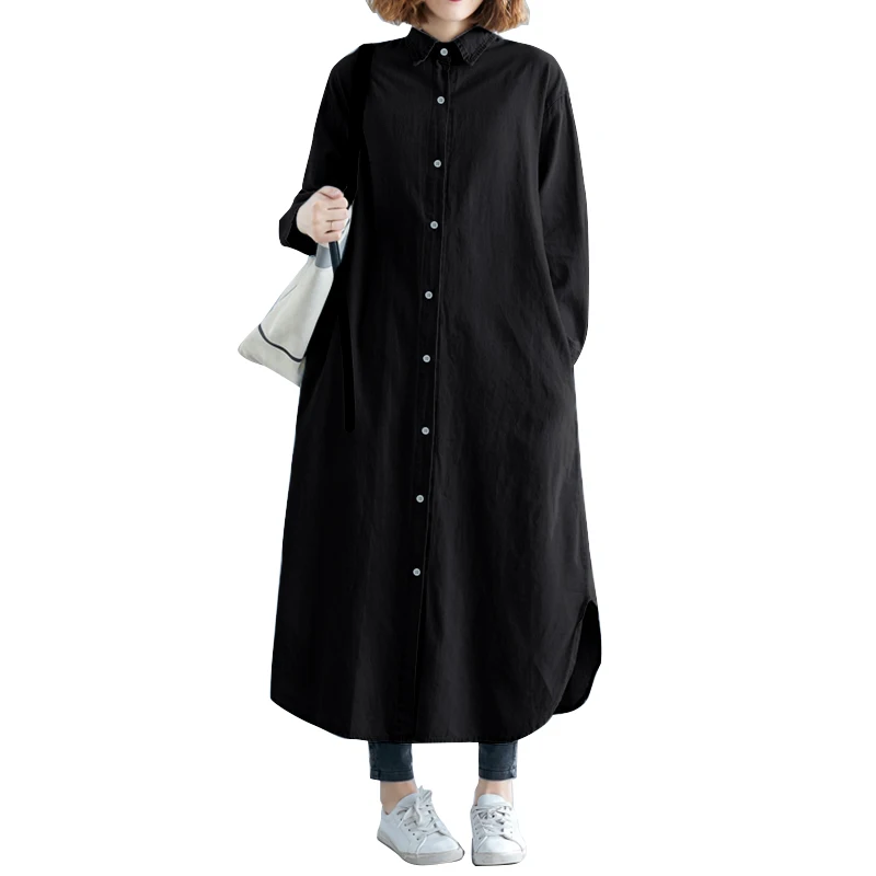 Черный ZANZEA, женское платье, винтажное, на пуговицах, длинное, макси, Vestidos,, весна, для девушек, с отворотом, на шее, платья, Пляжное, для вечеринки, сарафан, халат, 5XL - Цвет: Черный