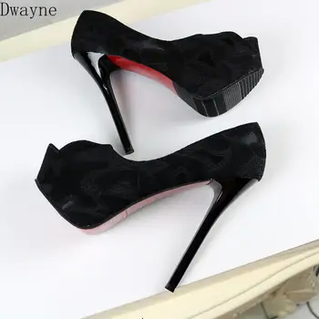 

Black Breathable Cloth Fish Mouth Single Shoes 14 Cm Super High Heel Womens Shoes Sexy Elegant Professional Thin Heel High Heels