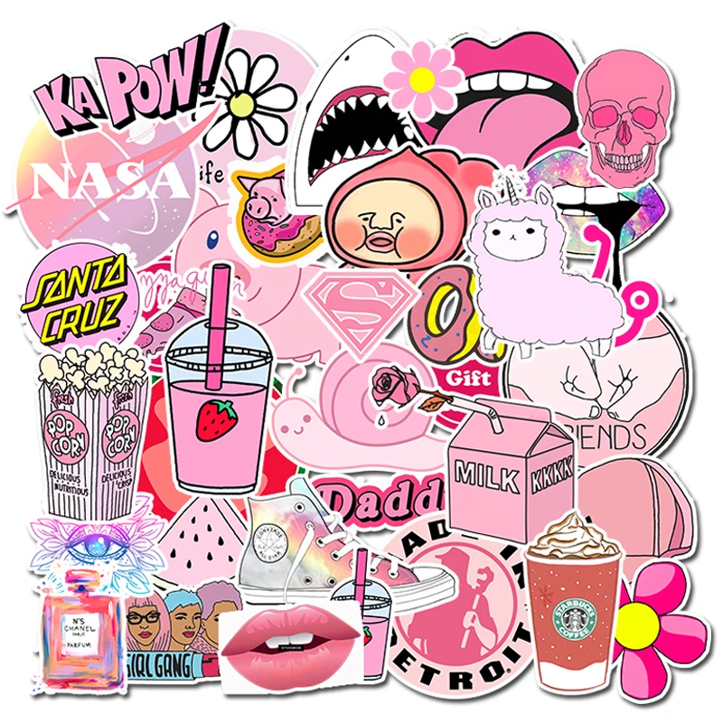 

50Pcs Waterproof Kawaii Sticker Pink Fun PVC Sticker Toys Luggage Stickers for Laptop Suitcase Motor Car Fashion Style Stickers