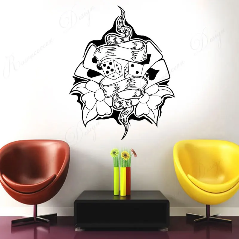 Playing Cards Dice Gambling Luck Clover Vinyl Wall Decal Chess Room Decor Interior Design Sticker Removable Murals 4329 | Дом и сад