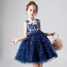 Синий Тюль-блеск, платье для девочек платье с цветочным узором для девочек на свадьбу, торжественное платье для крещения для маленьких девочек вечерние платья принцессы для первого причастия