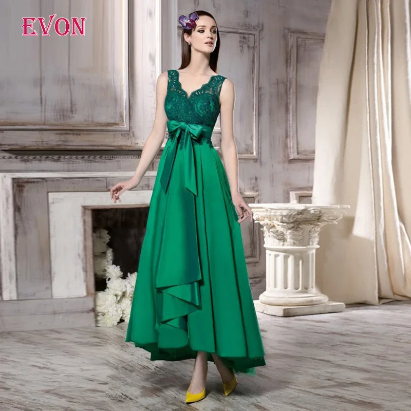 Green Long Prom Dresses 2020 Elegant V Neck Sleeveless Sashes Bow Evening Dress Ankle Length Formal Party Dress Vestidos De Gala