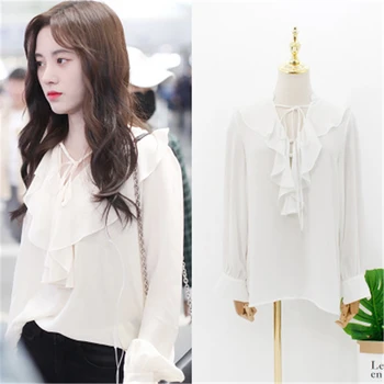 

Ju Jingyi same chic lovely lotus leaf Lace Chiffon V-neck lace up long sleeve loose Chiffon Shirt Top