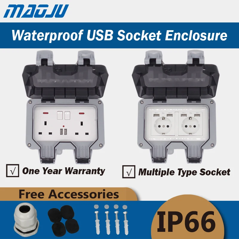 

EU UK British Germany European Russian 1 Gang 2 Gang Double Outdoor Waterproof Socket with USB Outlet 13A 16A Switch for garden