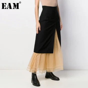 

[EAM] High Waist Black Contrast Color Mesh Split Temperament Half-body Skirt Women Fashion Tide New Spring Autumn 2020 19A-a184