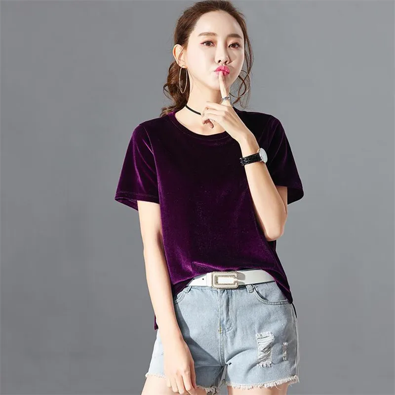 

Plus size M- 6XL 7XL Summer Velvet Crop Tops Korean Women Short Sleeve T-shirt Ladies Casual velour Tops Tees black green blue