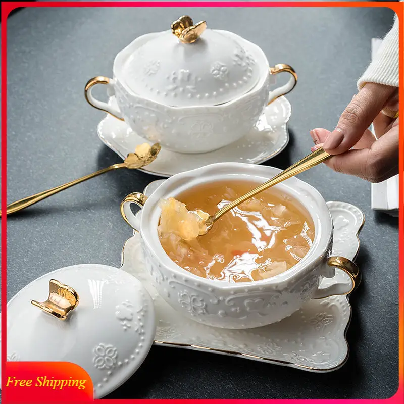 European-style Dessert Small Tableware Embossed Soup Cup with Lid Ceramic Bowl Stew Creative Household Health Dish Set | Дом и сад