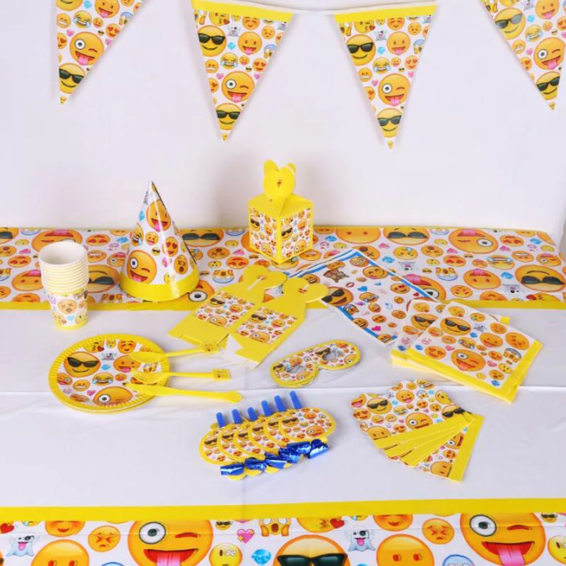 

Funny Face Emoticon Child Birthday Party Theme Disposable Cutlery Set Tablecloth Paper Cup Tray Gift Bag dinosaur Party Supplies
