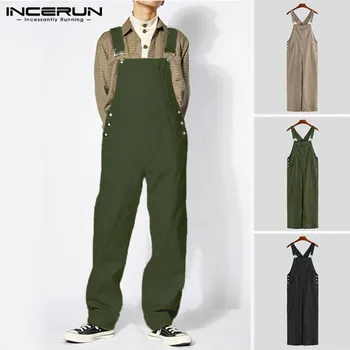 

INCERUN Men Jumpsuit Fashion Solid Pockets Rompers Joggers Straight Pants Baggy Straps Suspenders Streetwear Overalls Men 2020