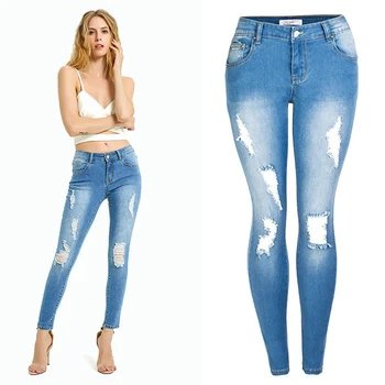 

Jeans women's stretch spring and autumn ripped jeans women's large size pants women's feet pants slim jeans