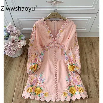

Ziwwshaoyu Sexy Deep V-Neck Hollow Out Lantern Sleeve Flower Print Single-Breasted Party Cotton Linen Mini Dresses Women's
