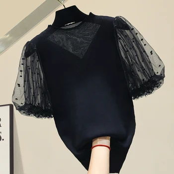 

Lace Ice Silk Knitted T-shirt Female Crop Top White Black Knitting T Shirts Ladies Slim Tops Tshirt Top