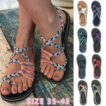 

Women Summer Fashion Bandage Sandals Casual Open Toe Cute Flip Flops Color Peep Toe Casual Flat Sandals Lace Up Beach Sandals