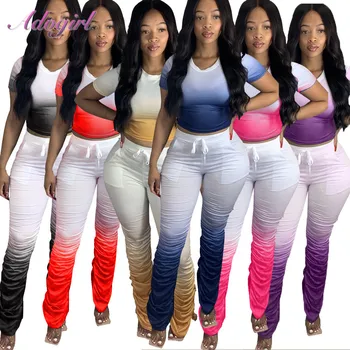 

Women Sport Two Piece Set Causal Gradient Short Sleeve Crop Tops T-Shrit Stacked Flare Joggers Sweatpants Suit Outfit Tracksuit