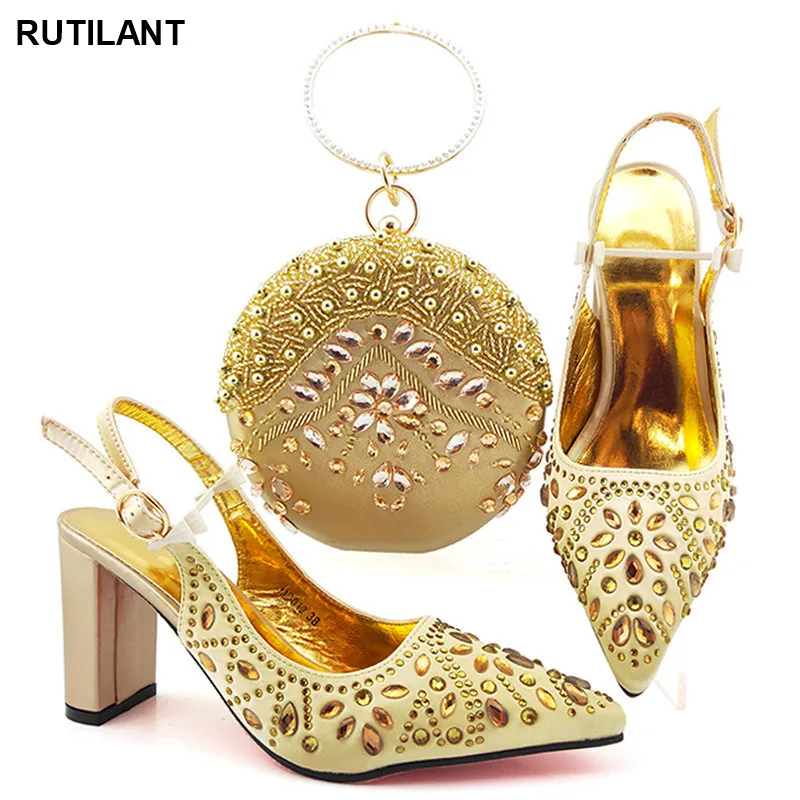 

Latest Design Gold Shoes and Bag Matching Set Italy 2020 African Wedding Italian Shoe and Bag Sets Ladies Luxury Women Shoes