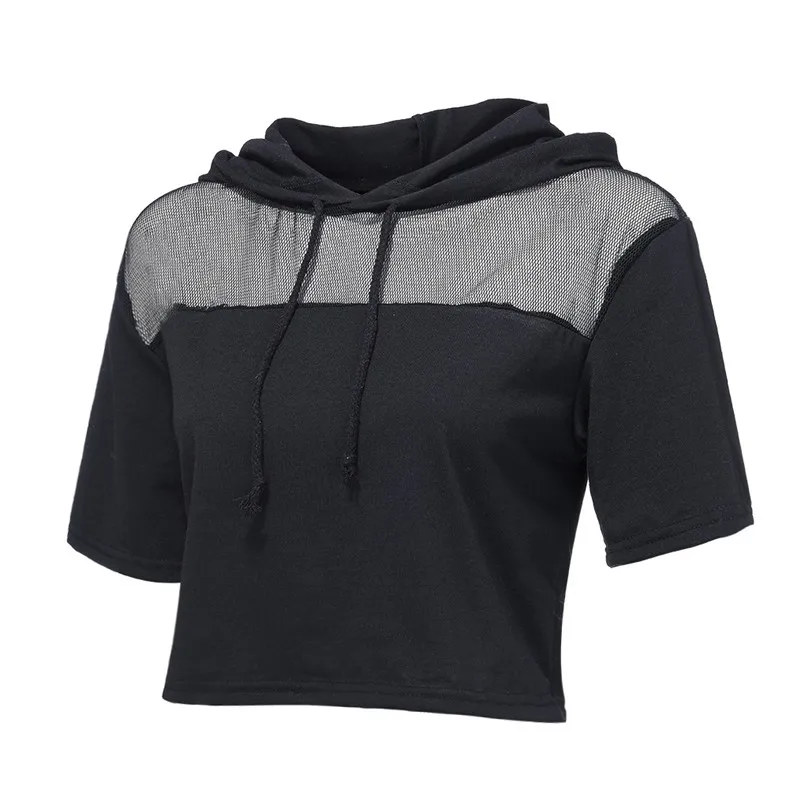 Модные женские Perspective Mesh Drawstring с капюшоном с коротким рукавом, комплект со штанами, спортивный костюм для йоги и 4O07