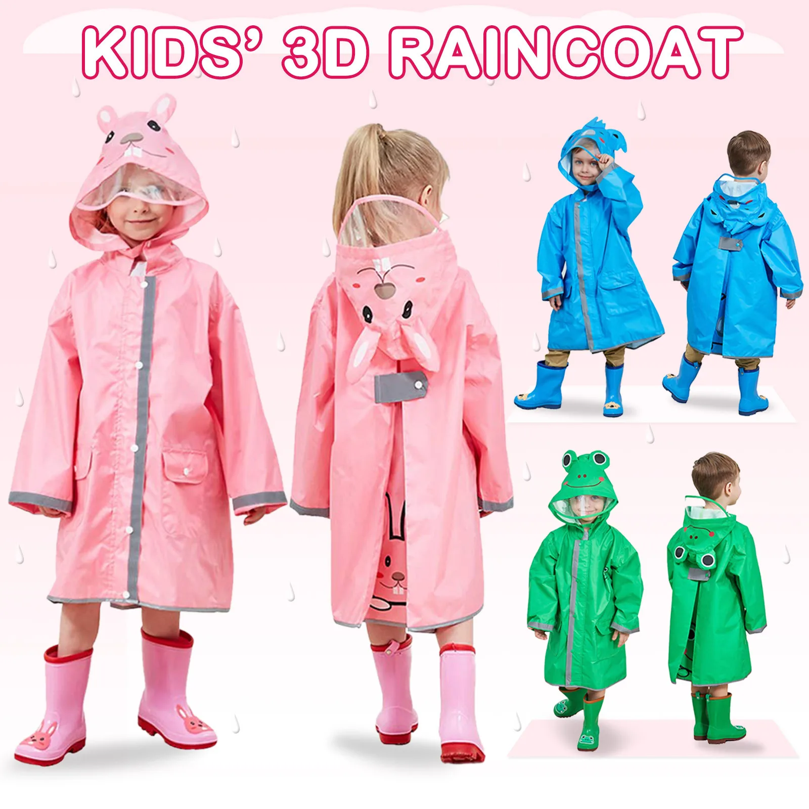 fajwskjw Kids Raincoat Cartoon Rainwear Printed Raincoat Waterproof Hooded Rain Ponchos for Girls and Boys Cute 3D Cartoon Pattern Rabbit Frog Koala Shaped 